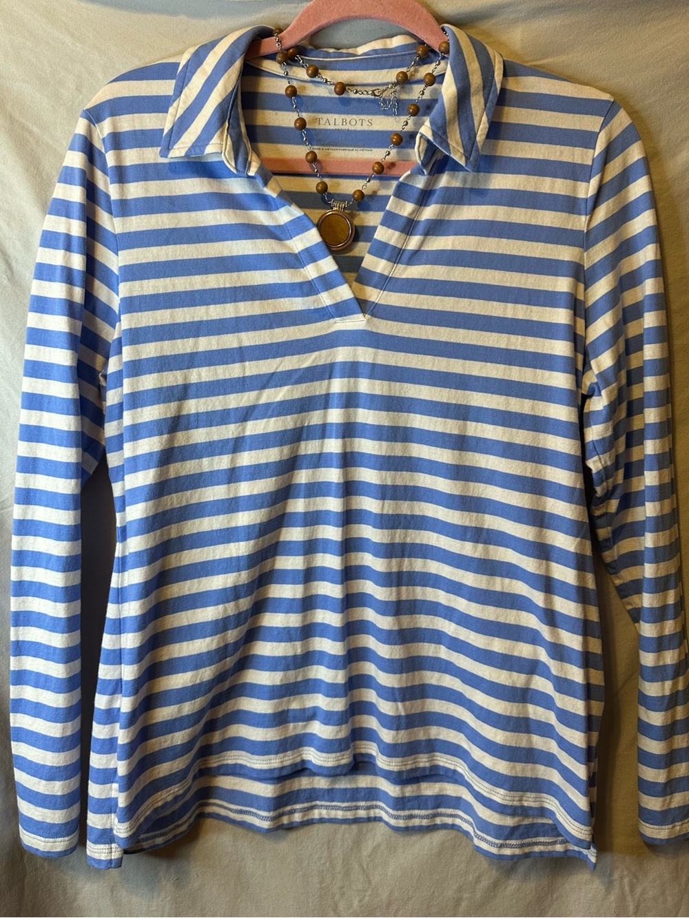 Talbots Light Blue and White Striped Polo-Style Long Sleeve Top